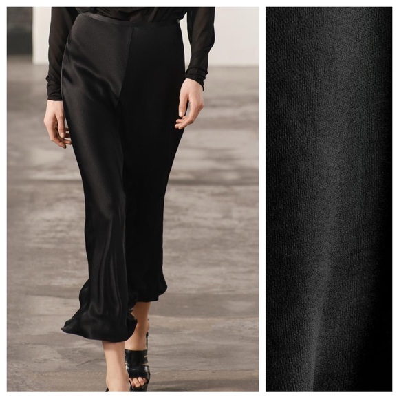 NWT. Zara ZW Collection Black Satin Effect High Waist Flared Midi Skirt. Size S. - Picture 2 of 11